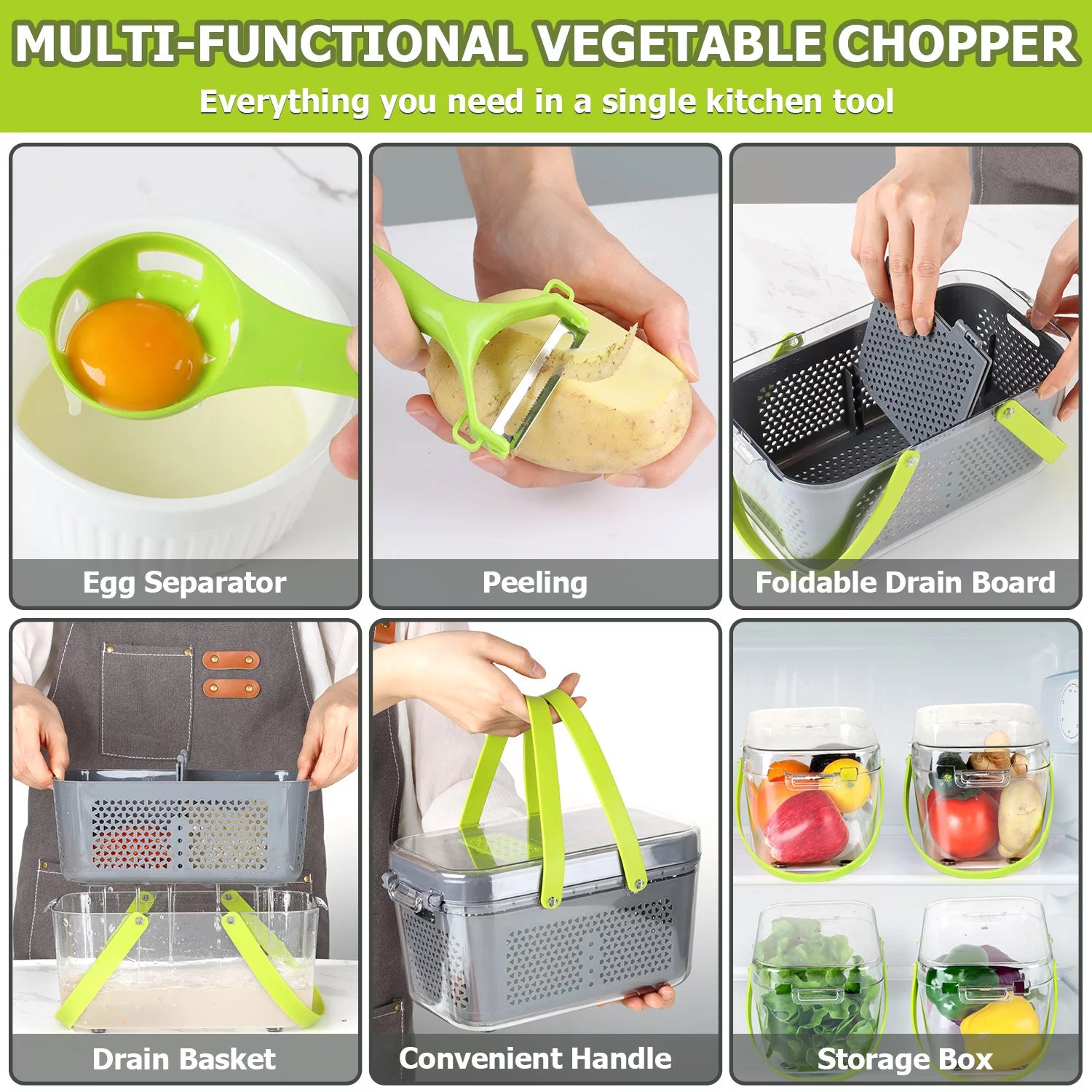 22-in-1 Multifunctional Vegetable Chopper and Dicer with Stainless Steel Blades, Container, and Colander Drain Basket