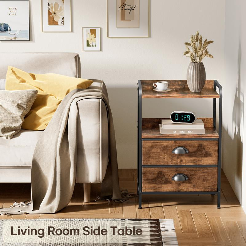Rustic Brown and Black Nightstand with Open Shelf and Fabric Drawers for Bedroom and Living Room Storage