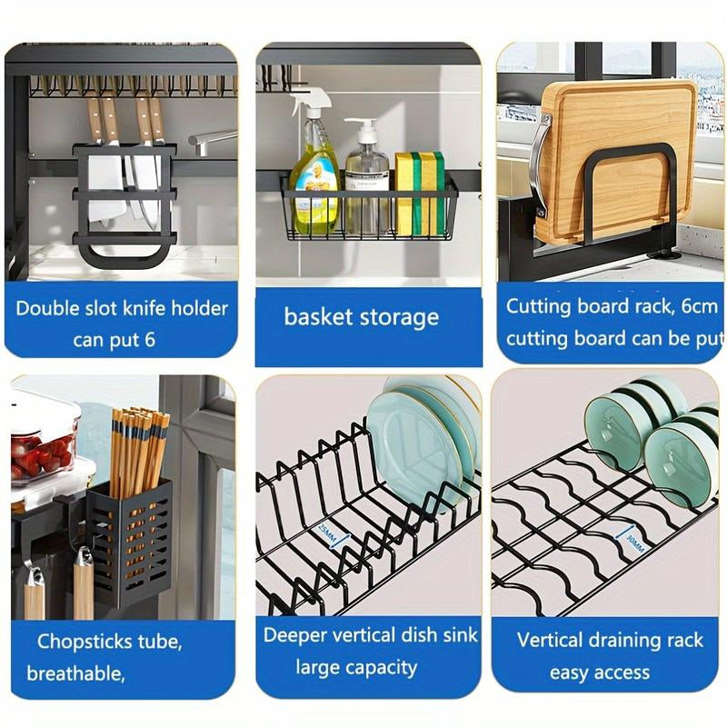 Over-Sink Dish Drying Rack - Versatile Utensil Holder with Knife Slot, Chopstick and Cutlery Drainer, Space-Saving Countertop Organizer for Hygienic Drying and Storage, Includes Protective Cover - Black