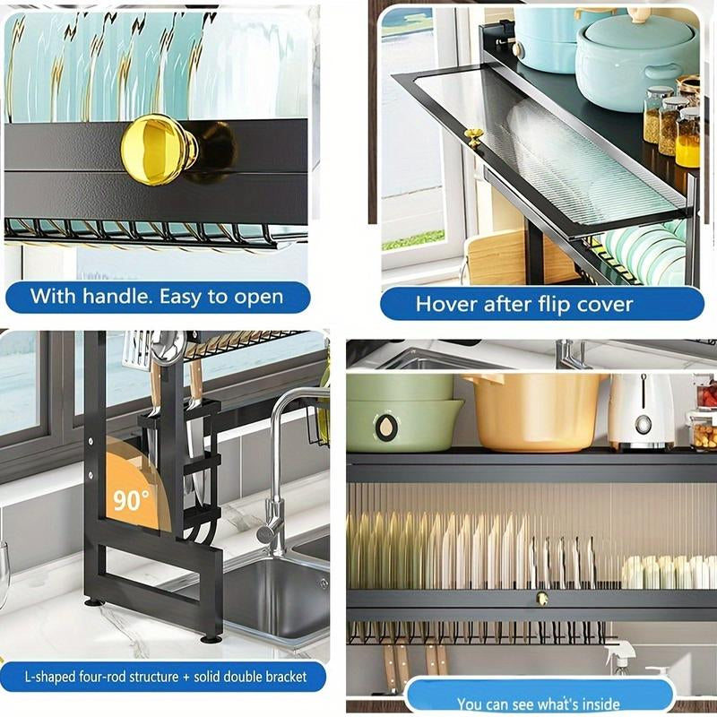 Over-Sink Dish Drying Rack - Versatile Utensil Holder with Knife Slot, Chopstick and Cutlery Drainer, Space-Saving Countertop Organizer for Hygienic Drying and Storage, Includes Protective Cover - Black