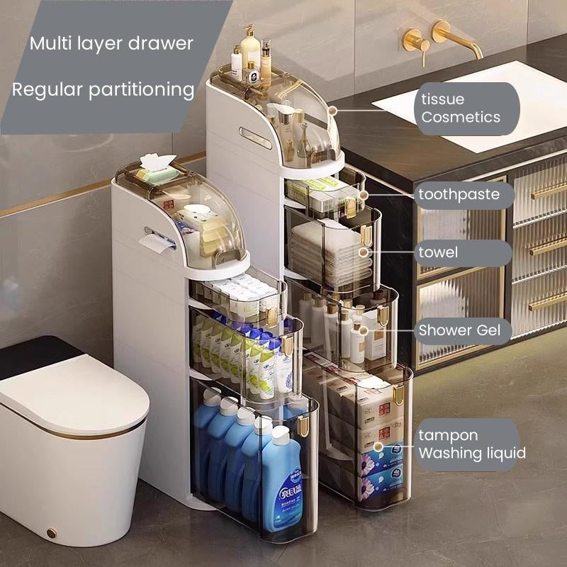 UFORU Ultra-Thin Waterproof Bathroom Storage Organizer with Toilet Paper Holder and Wheels - Modern Minimalist Floor Cabinet for Small Spaces