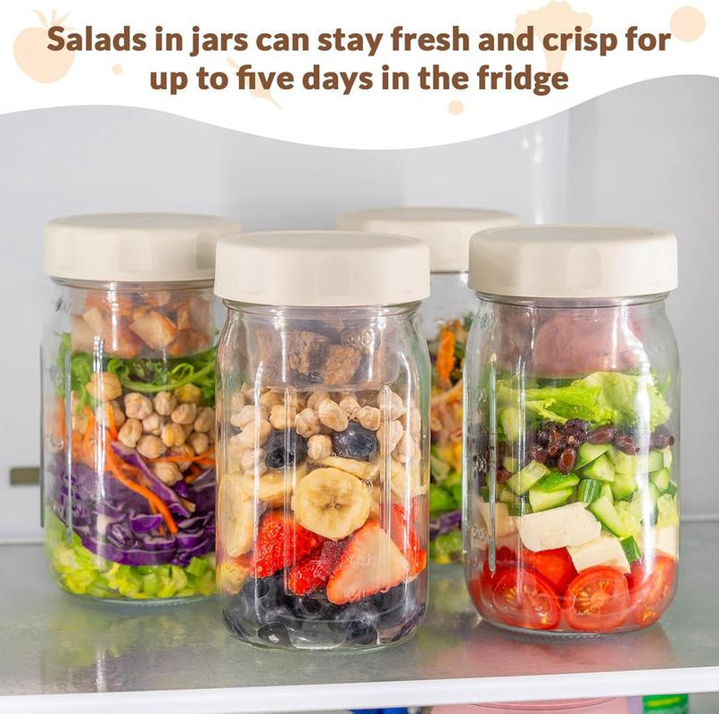 SOLIGT Set of 4 Glass Salad Jars with Lids - Leakproof Meal Prep Containers with Built-In Wet/Dry Separation for Salad Dressing and Dry Ingredients, 32oz Mason Jars for Outdoor Use