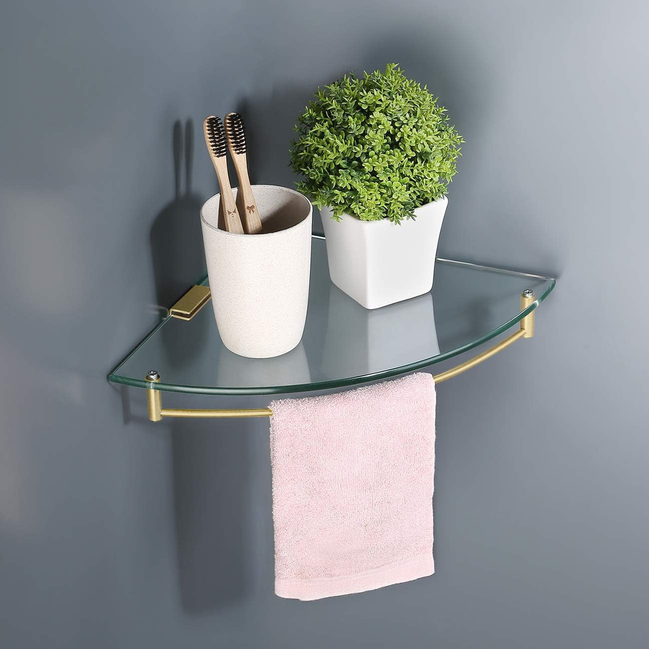 Tempered Glass Corner Shelf with Rail and SUS 304 Stainless Steel Floating Wall Mount Bracket in Brushed Gold, Model BGS2101A-BZ