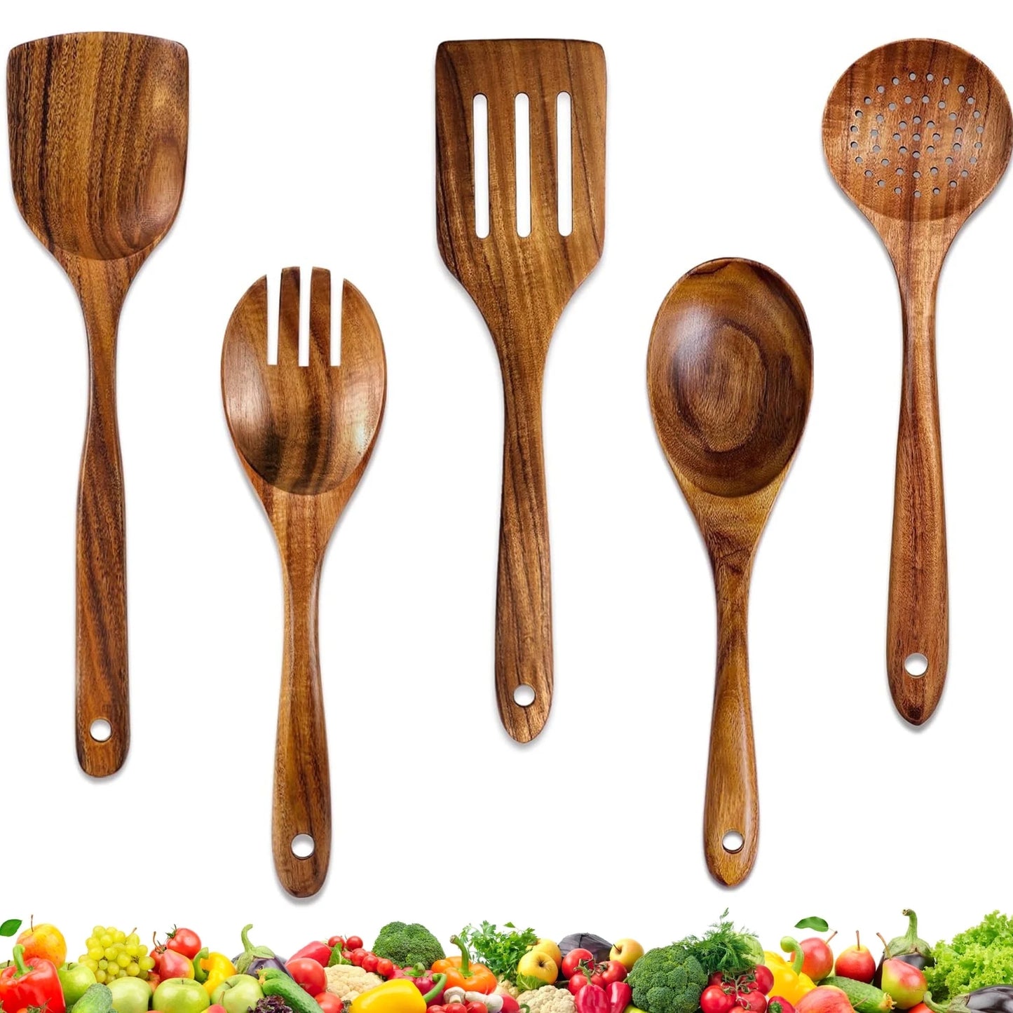 Natural Teak Wooden Cooking Utensil Set, 9-Piece Kitchen Collection with Holder and Spoon Rest, Ideal for Nonstick Pans and Cookware