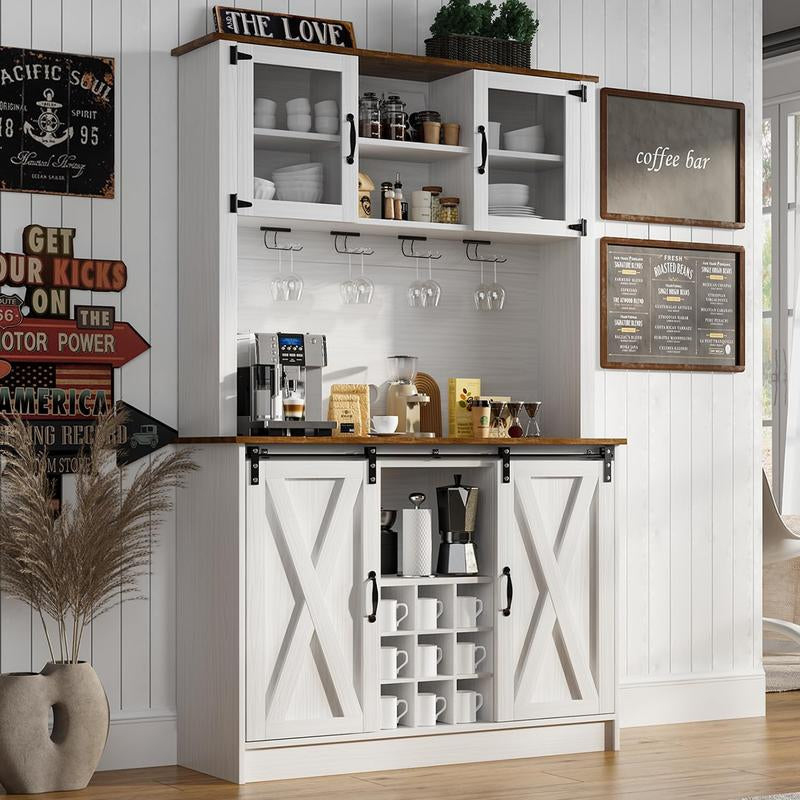 HOMBCK 72-Inch Farmhouse Coffee Bar Cabinet with Glass Doors and 9 Wine Racks for Living Room
