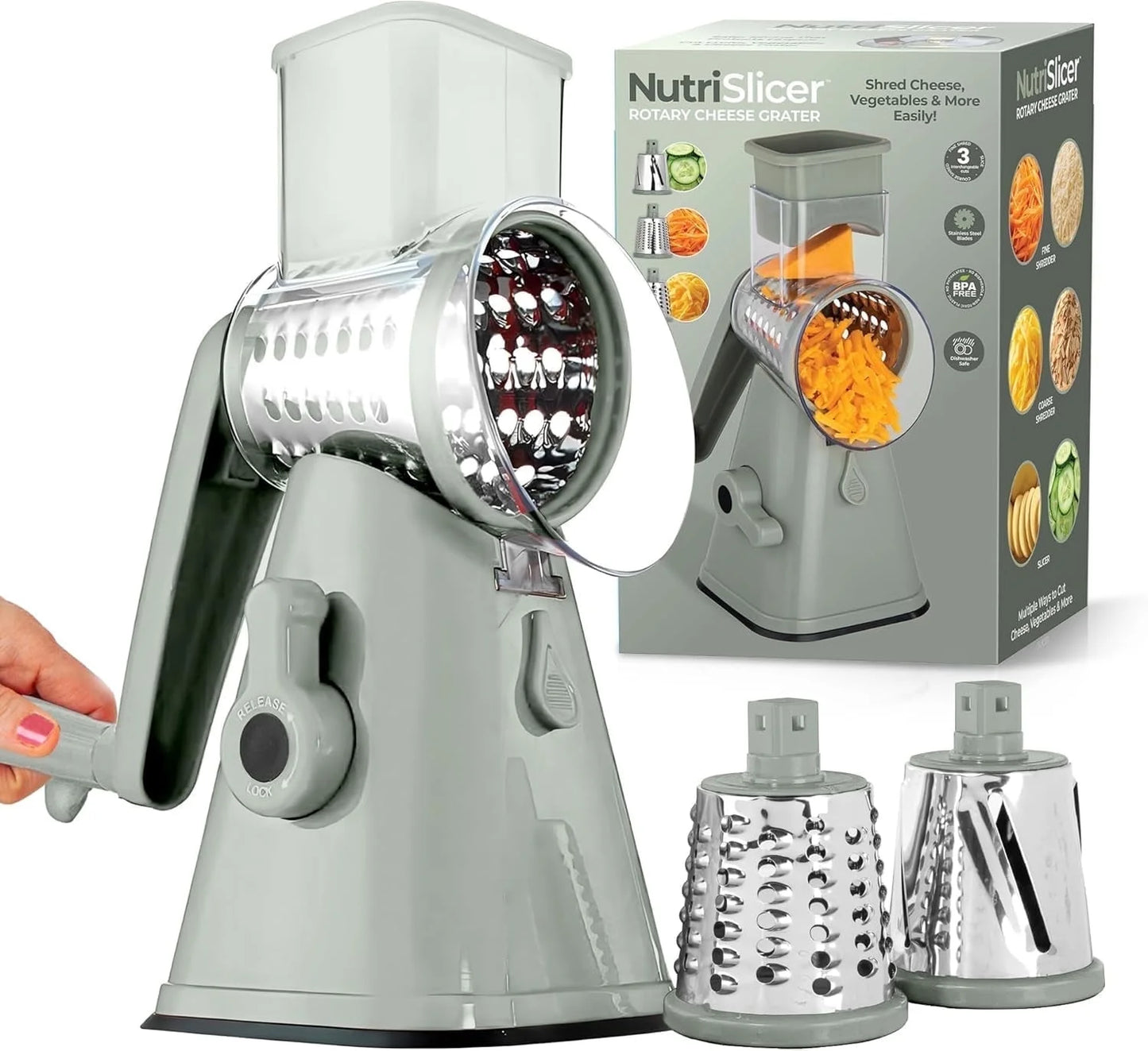 Nutrislicer Adjustable Rotary Cheese Grater and Vegetable Chopper with Slicing and Shredding Features