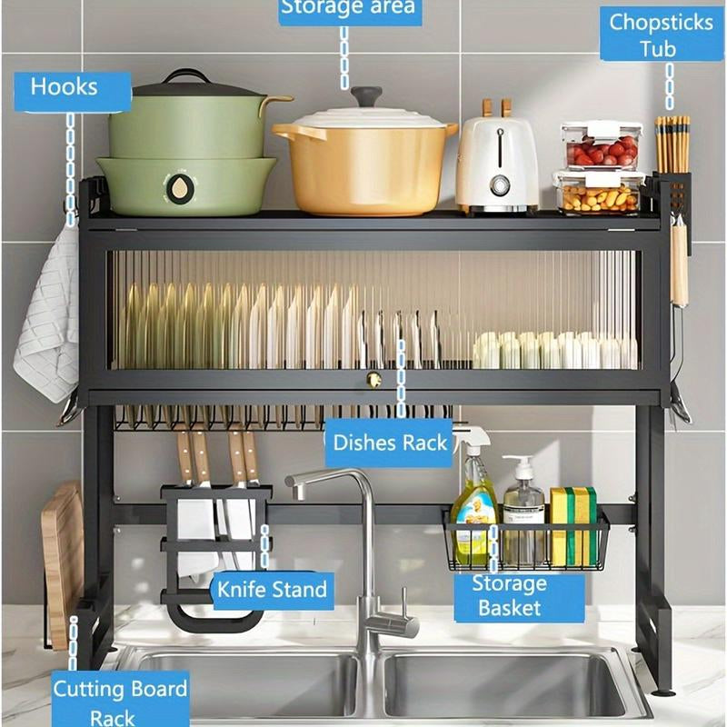 Over-Sink Dish Drying Rack - Versatile Utensil Holder with Knife Slot, Chopstick and Cutlery Drainer, Space-Saving Countertop Organizer for Hygienic Drying and Storage, Includes Protective Cover - Black