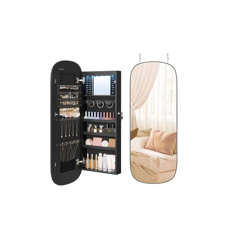 SONGMICS LED Jewelry Cabinet with Lockable Rounded Wide Mirror, Wall or Door Mounted Organizer with Interior Storage