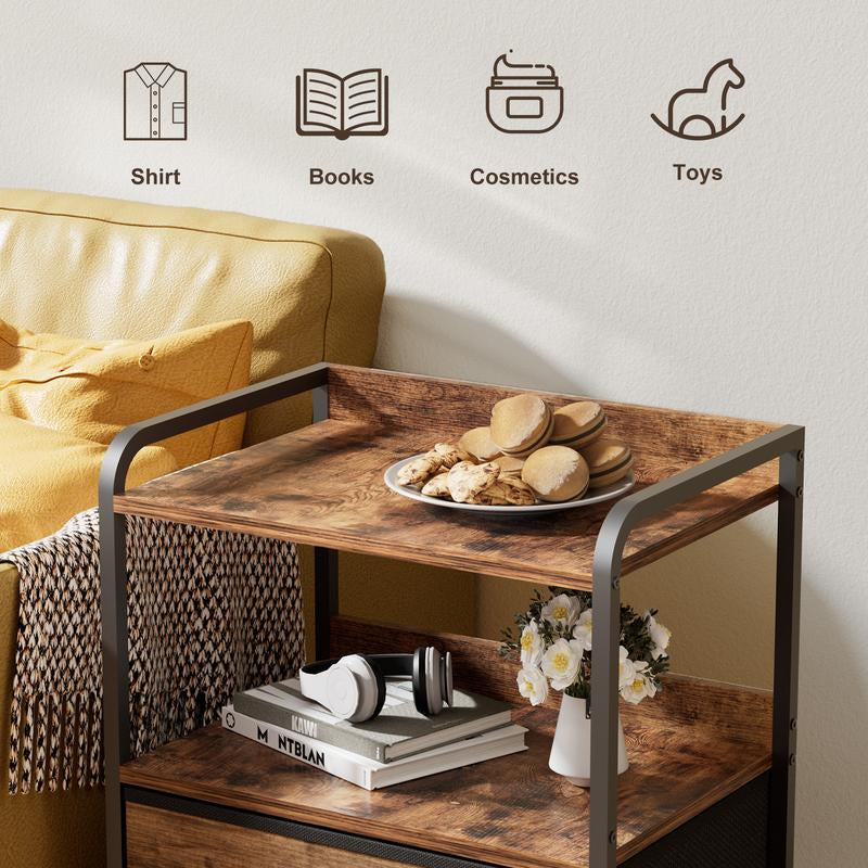 Rustic Brown and Black Nightstand with Open Shelf and Fabric Drawers for Bedroom and Living Room Storage
