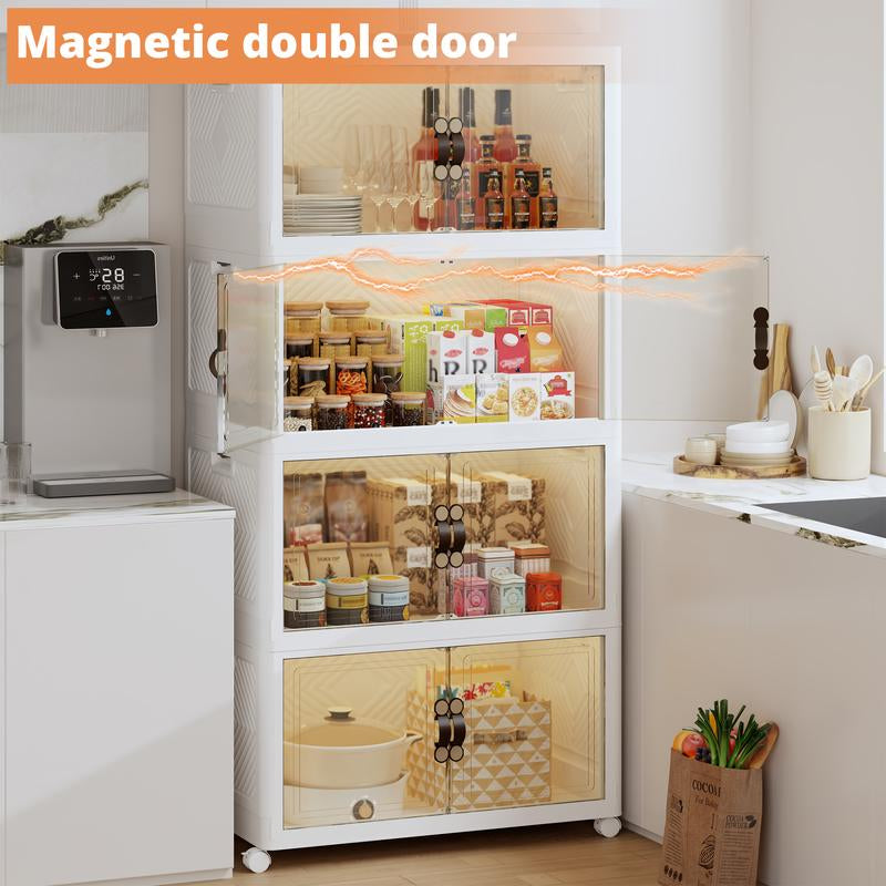 IRONCK XXXL Collapsible Storage Cabinet with Magnetic Transparent Doors and Wheels - Versatile Large Capacity Organizer for Bedroom, Kitchen, and Living Room, No Assembly Required Plastic Storage Solution (High Load-Bearing)