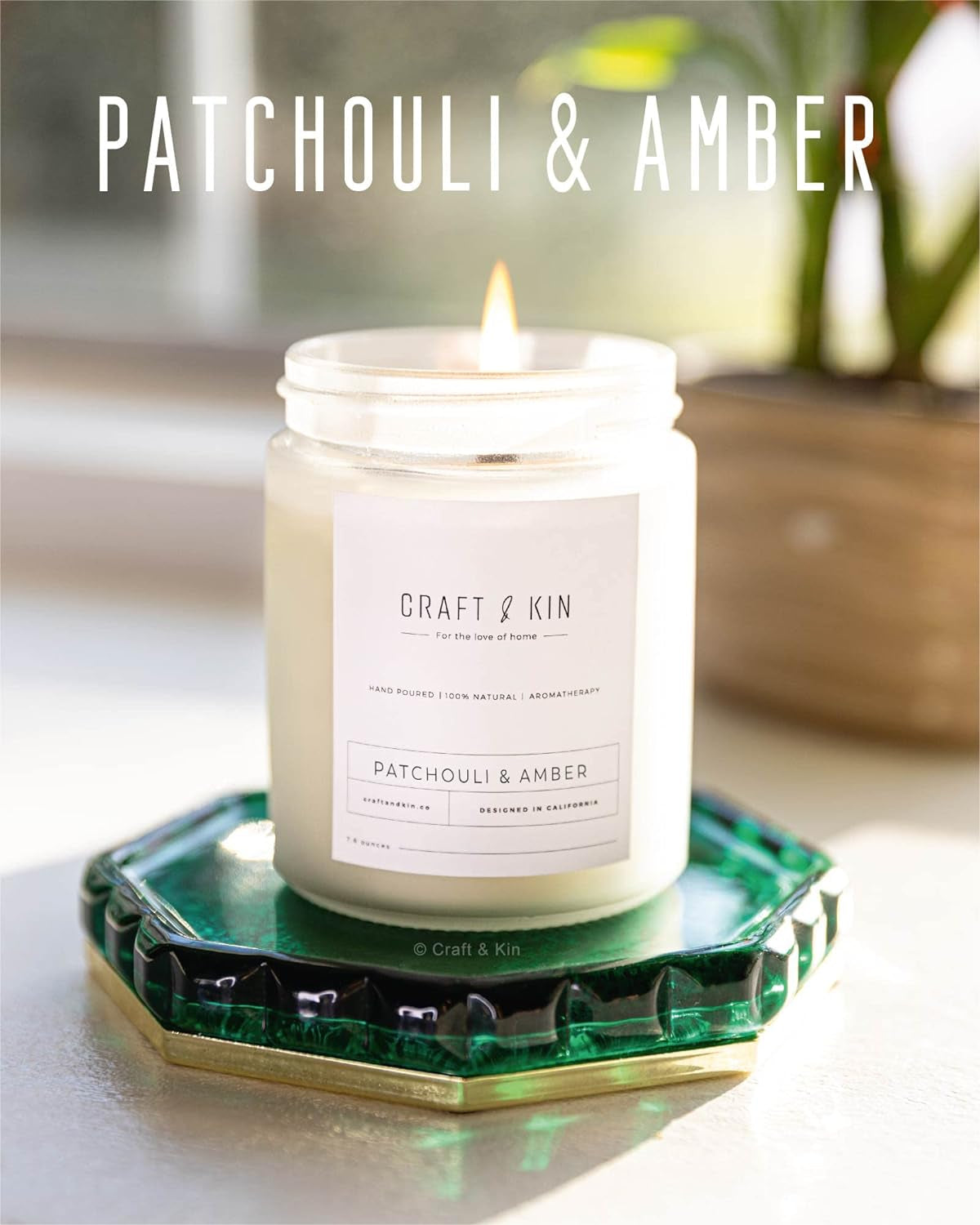 Patchouli & Amber Scented Candle - 8 oz, 45 Hour Burn Time, Classic Soy Spring Aroma with Wood Wick, Crafted from Natural Soy - Ideal Gift for Men and Women