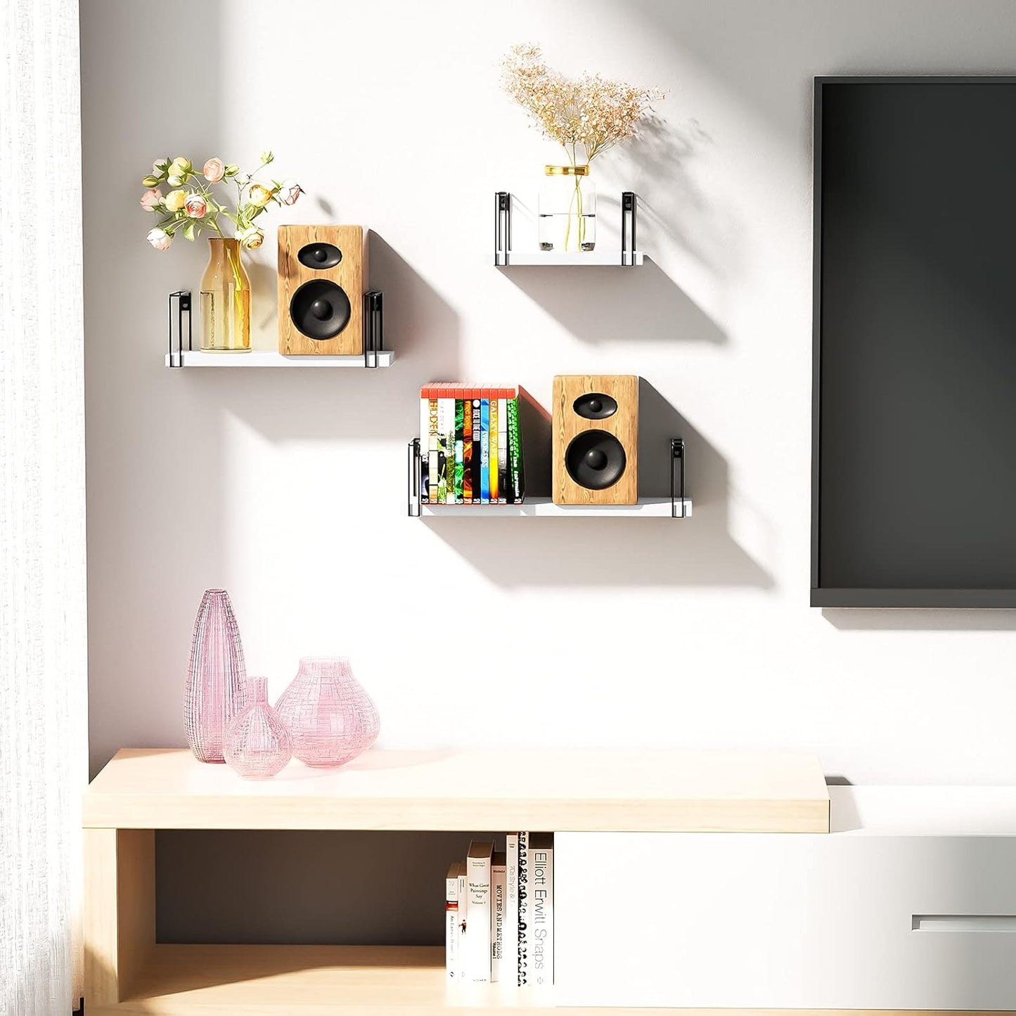 Set of 3 White Floating Wall Shelves - 17 Inch Rustic Wood Decorative Shelves for Bedroom, Bathroom, Laundry Room, Living Room, Kitchen, and Office