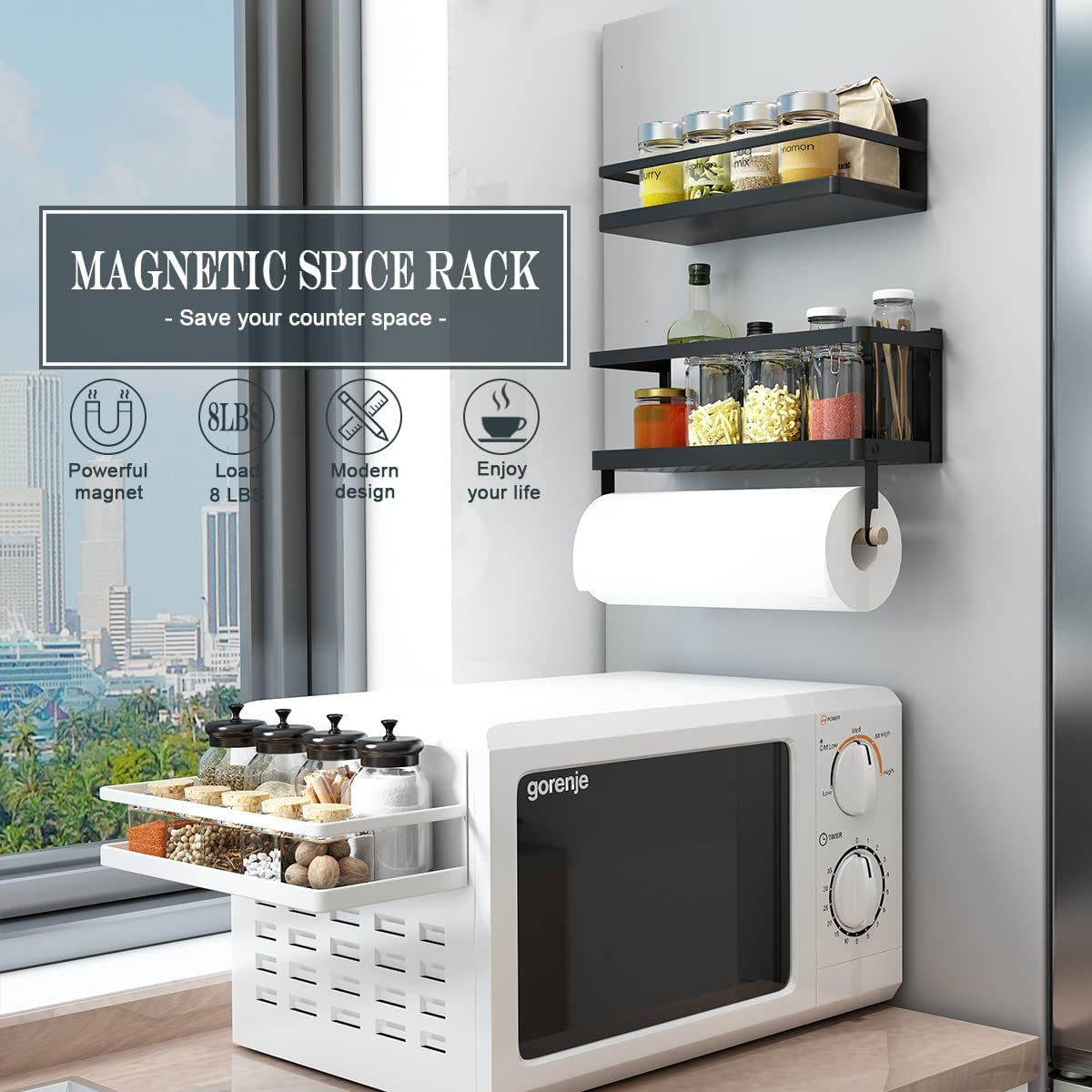 Magnetic Paper Towel Holder and Spice Rack with Hooks, Wall-Mounted Shelf for Refrigerator (Black)