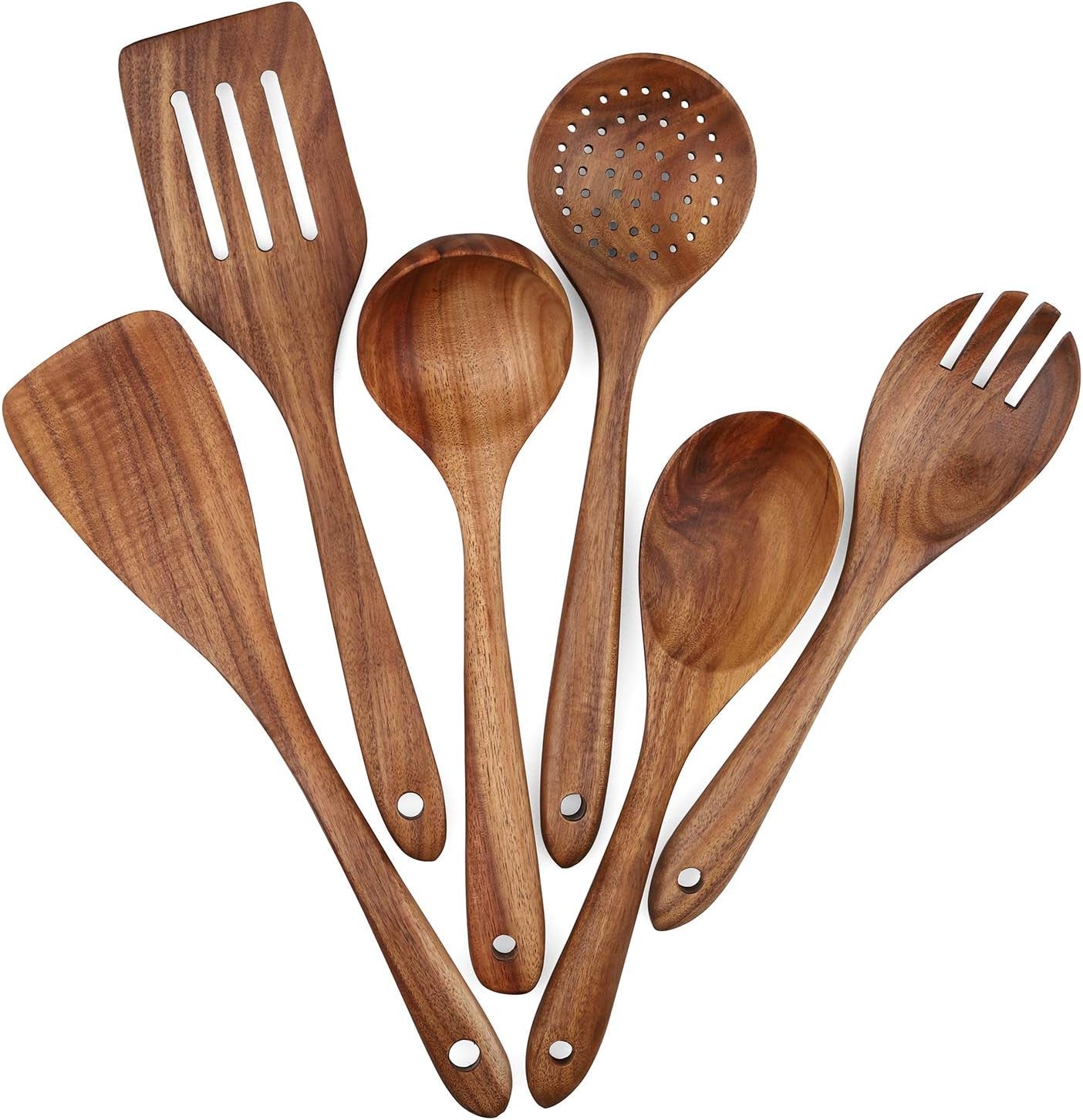6-Piece Wooden Cooking Utensil Set for Non-Stick Cookware - Includes Spatula, Fork, Turner, Ladle, and Strainer Spoons
