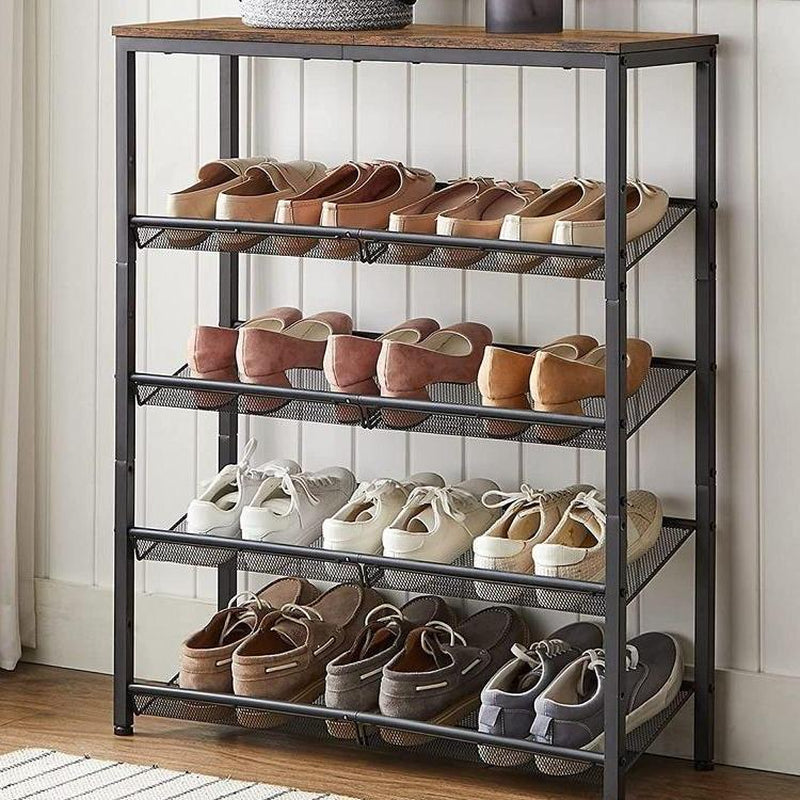 SONGMICS Home Entryway Shoe Rack - Free Standing Shoe Organizer with Sturdy Wooden Top and Steel Frame, Accommodates 16-20 Pairs, Industrial Design