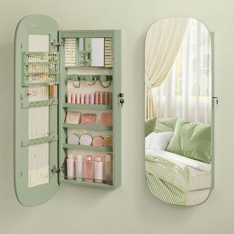 SONGMICS LED Jewelry Cabinet with Lockable Rounded Wide Mirror, Wall or Door Mounted Organizer with Interior Storage