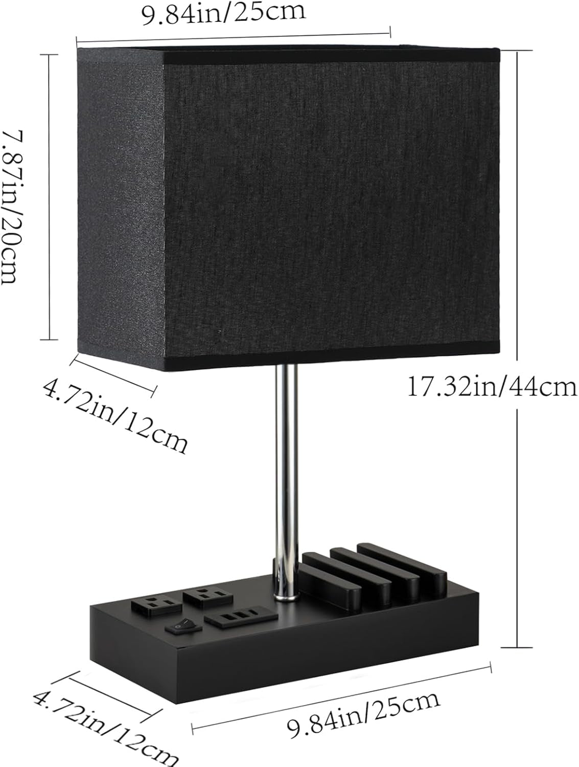 Multi-Functional USB Table Lamp with AC Outlets, USB Charging Ports, and Wooden Phone Stand Organizer - Ideal Nightstand Lamp for Bedroom with Black Shade