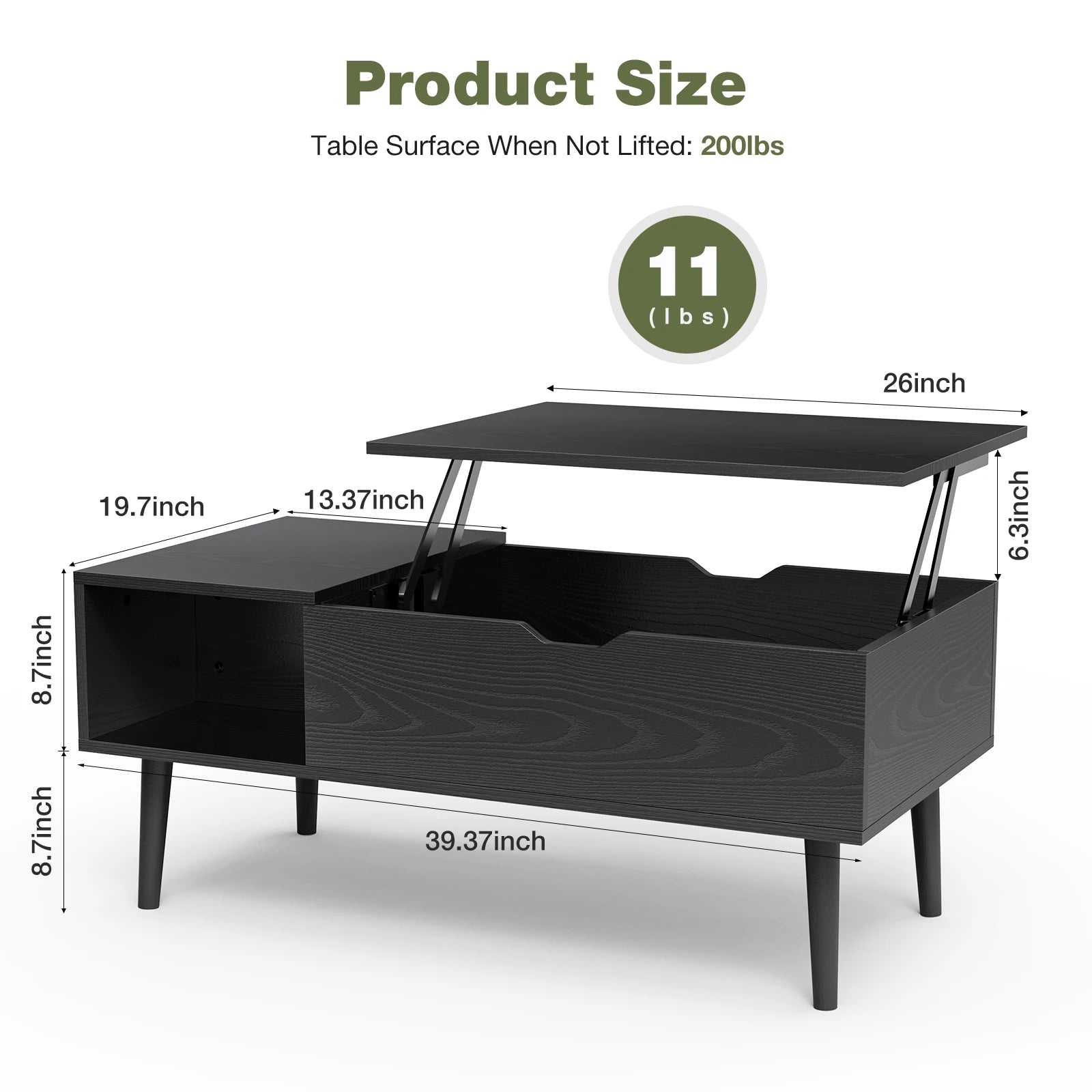 Lift Top Coffee Table for Living Room - 39.37" x 19.7" Adjustable Wood Table with Storage Shelf