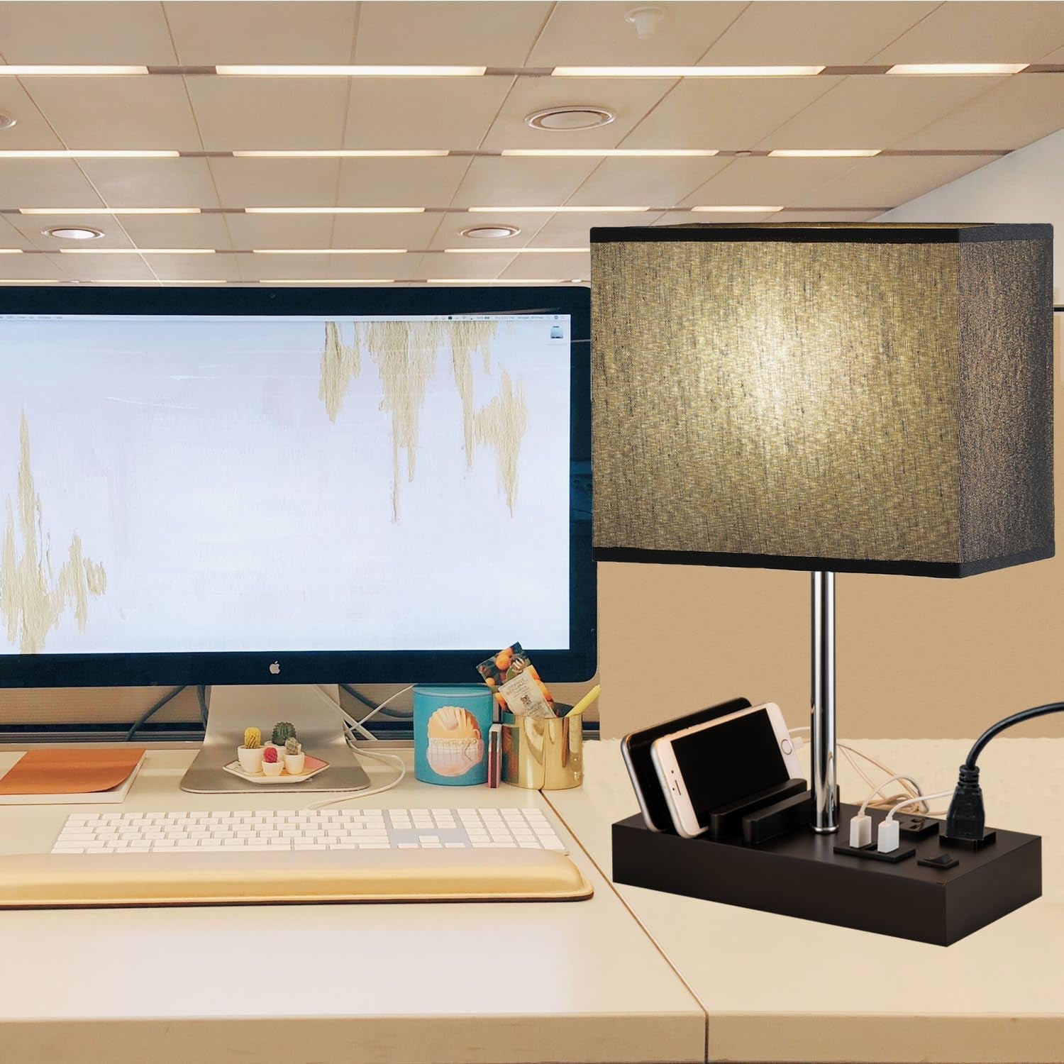 Multi-Functional USB Table Lamp with AC Outlets, USB Charging Ports, and Wooden Phone Stand Organizer - Ideal Nightstand Lamp for Bedroom with Black Shade