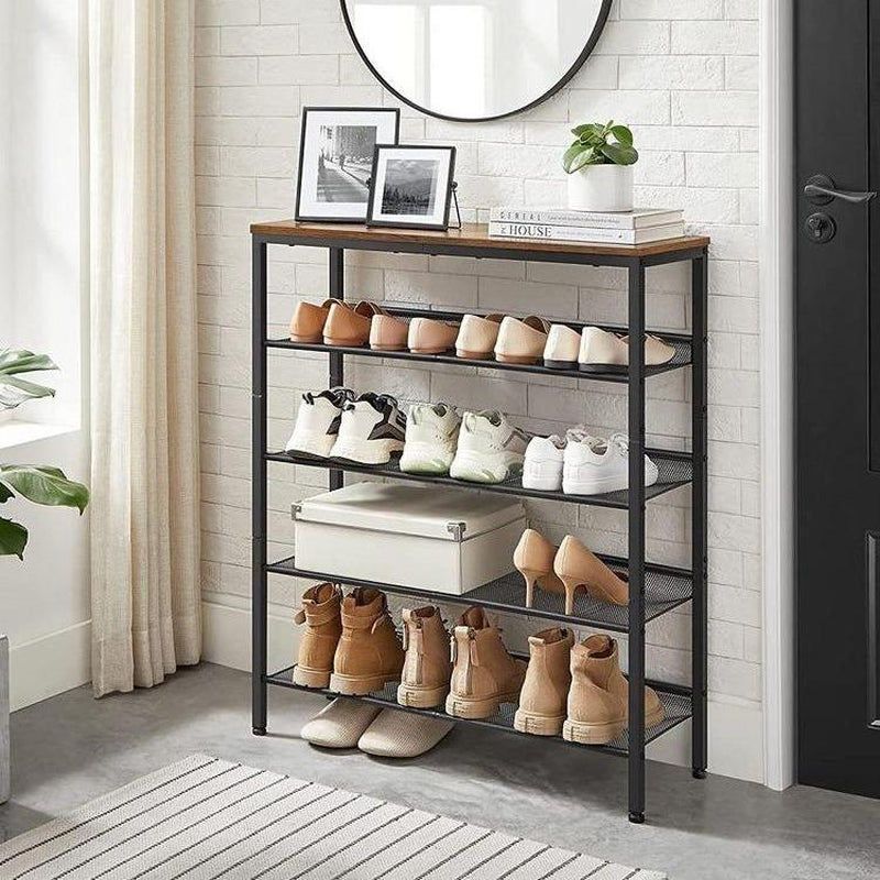 SONGMICS Home Entryway Shoe Rack - Free Standing Shoe Organizer with Sturdy Wooden Top and Steel Frame, Accommodates 16-20 Pairs, Industrial Design
