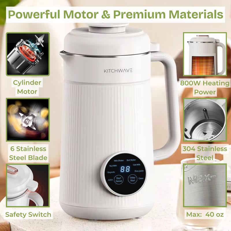 8-in-1 Automatic Nut Milk Maker - 40 Oz/1200 Ml Capacity, Self-Cleaning, Delay Start, Keep Warm, Boil Water, User-Friendly, 304 Stainless Steel, White