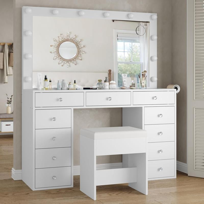 FUSOU 47" Vanity Desk with 11 Drawers, Power Outlet, Mirror, 12 LED Lights, 3 Lighting Modes, Glass Top, and Chair - Ideal Dressing Table for Bedroom and Dressing Room