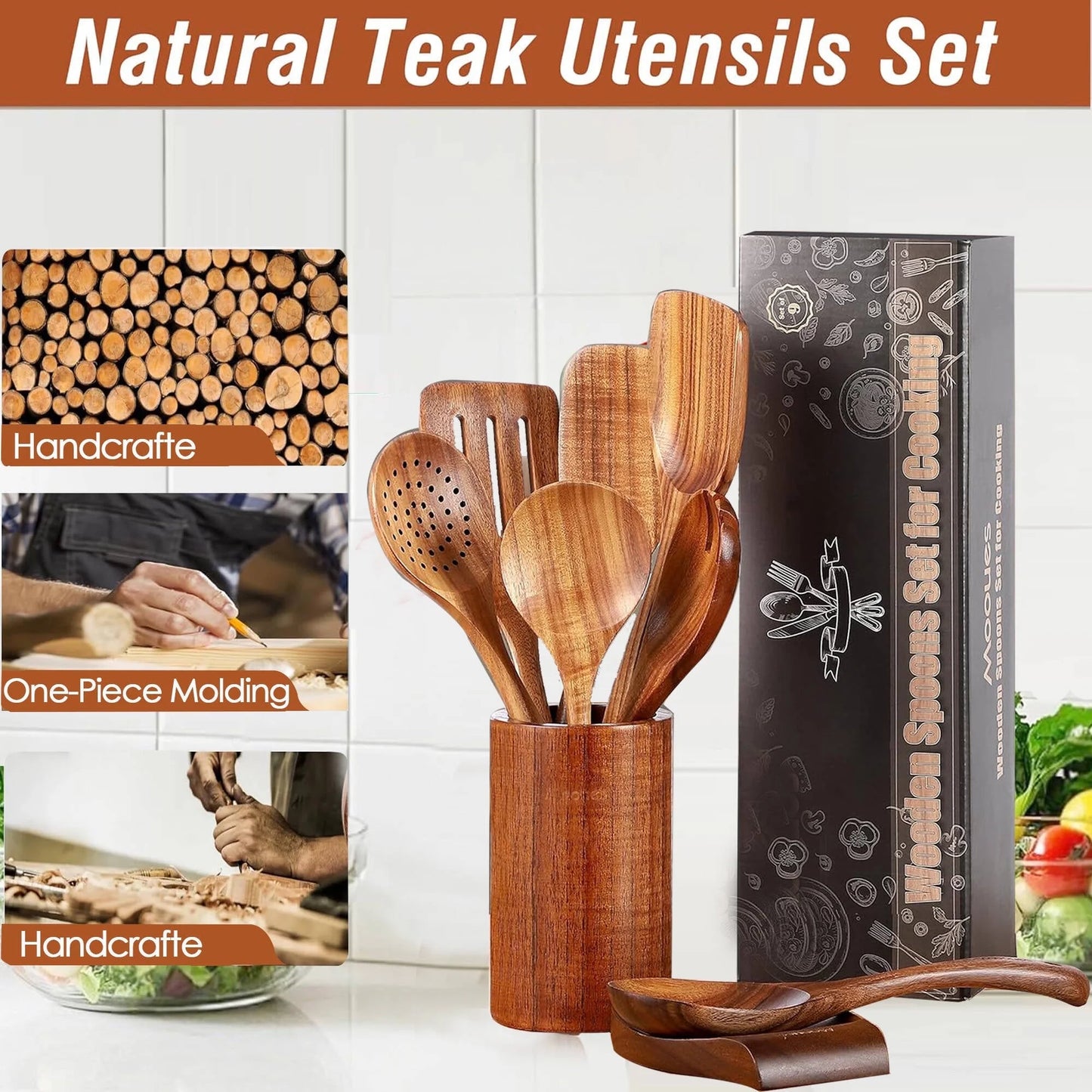 Natural Teak Wooden Cooking Utensil Set, 9-Piece Kitchen Collection with Holder and Spoon Rest, Ideal for Nonstick Pans and Cookware