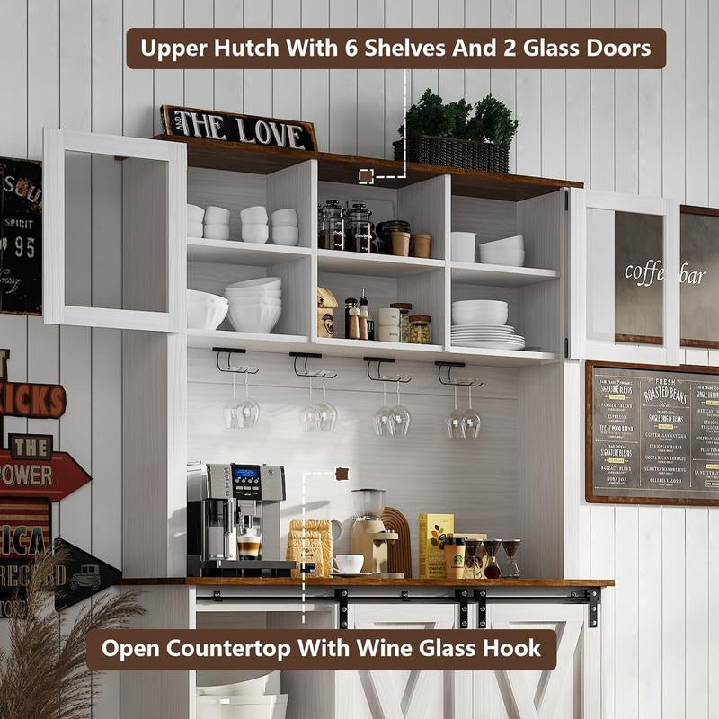 HOMBCK 72-Inch Farmhouse Coffee Bar Cabinet with Glass Doors and 9 Wine Racks for Living Room
