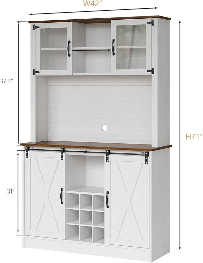 HOMBCK 72-Inch Farmhouse Coffee Bar Cabinet with Glass Doors and 9 Wine Racks for Living Room