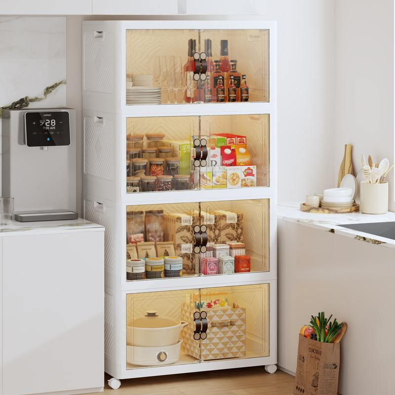 IRONCK XXXL Collapsible Storage Cabinet with Magnetic Transparent Doors and Wheels - Versatile Large Capacity Organizer for Bedroom, Kitchen, and Living Room, No Assembly Required Plastic Storage Solution (High Load-Bearing)