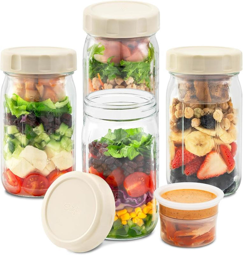 SOLIGT Set of 4 Glass Salad Jars with Lids - Leakproof Meal Prep Containers with Built-In Wet/Dry Separation for Salad Dressing and Dry Ingredients, 32oz Mason Jars for Outdoor Use
