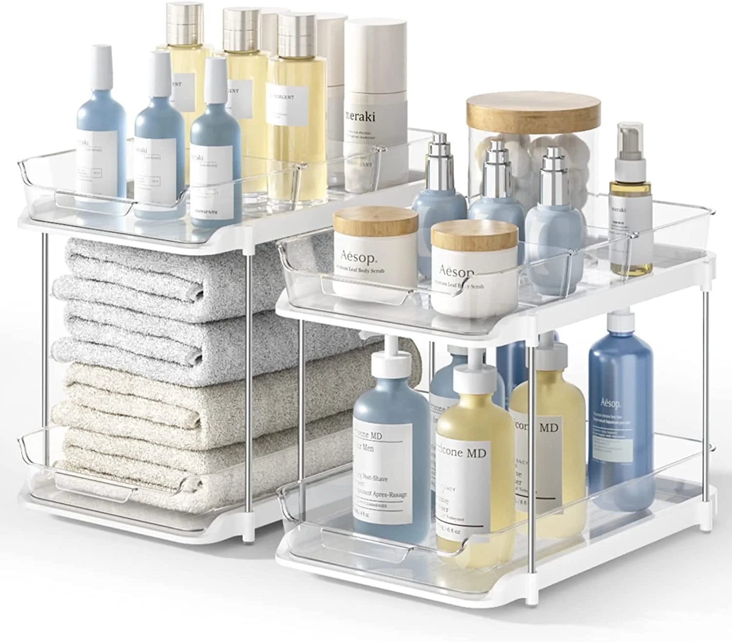 2-Pack Under Sink Organizer Set, 2-Tier Sliding Storage Solution for Bathroom and Kitchen Cabinets, Transparent Design