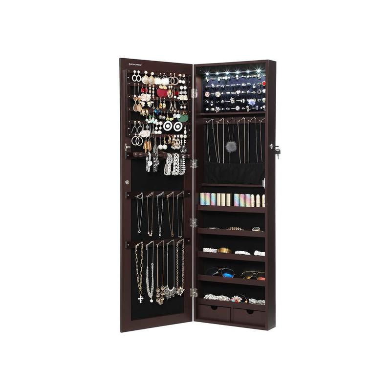 SONGMICS LED Jewelry Cabinet with Lockable Rounded Wide Mirror, Wall or Door Mounted Organizer with Interior Storage