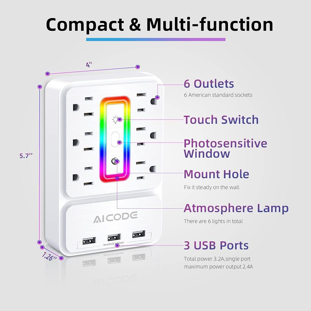 6-Outlet Surge Protector with 3 USB Charging Ports and RGB Ambient Lighting - Versatile Plug Extender for Home, Office, Dorm, and Hotel Use