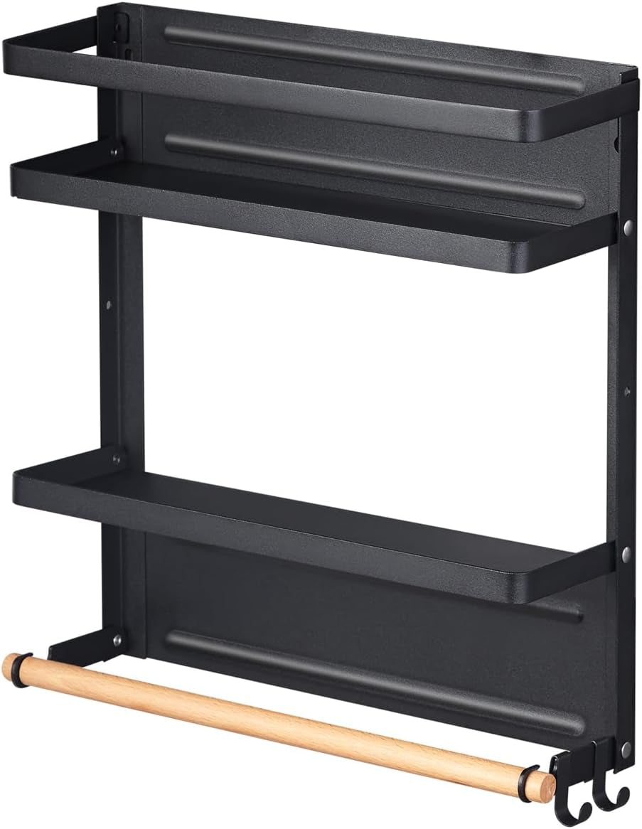 Magnetic Paper Towel Holder and Spice Rack with Hooks, Wall-Mounted Shelf for Refrigerator (Black)