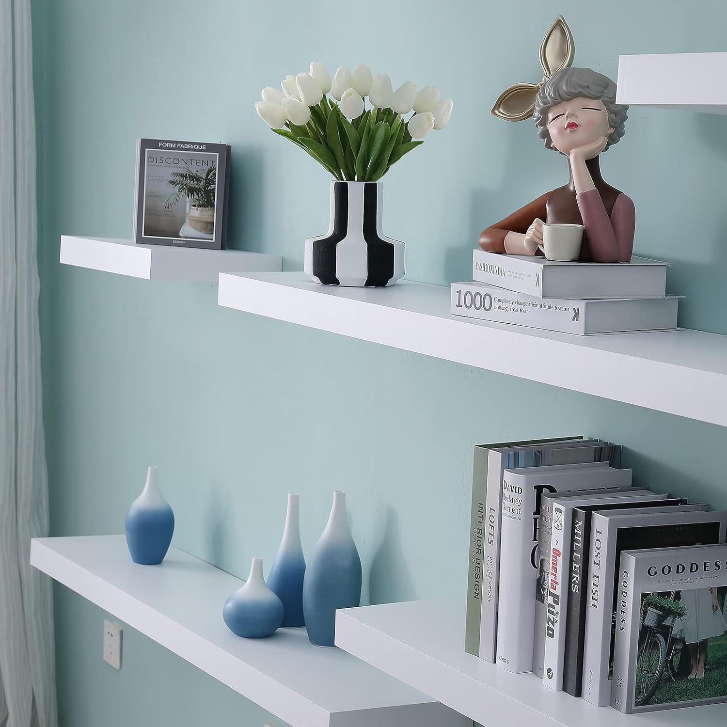 16-Inch White Mission Floating Shelves for Wall Mounting - Modern Wood Display and Book Shelves for Bedroom, Living Room, and Kitchen