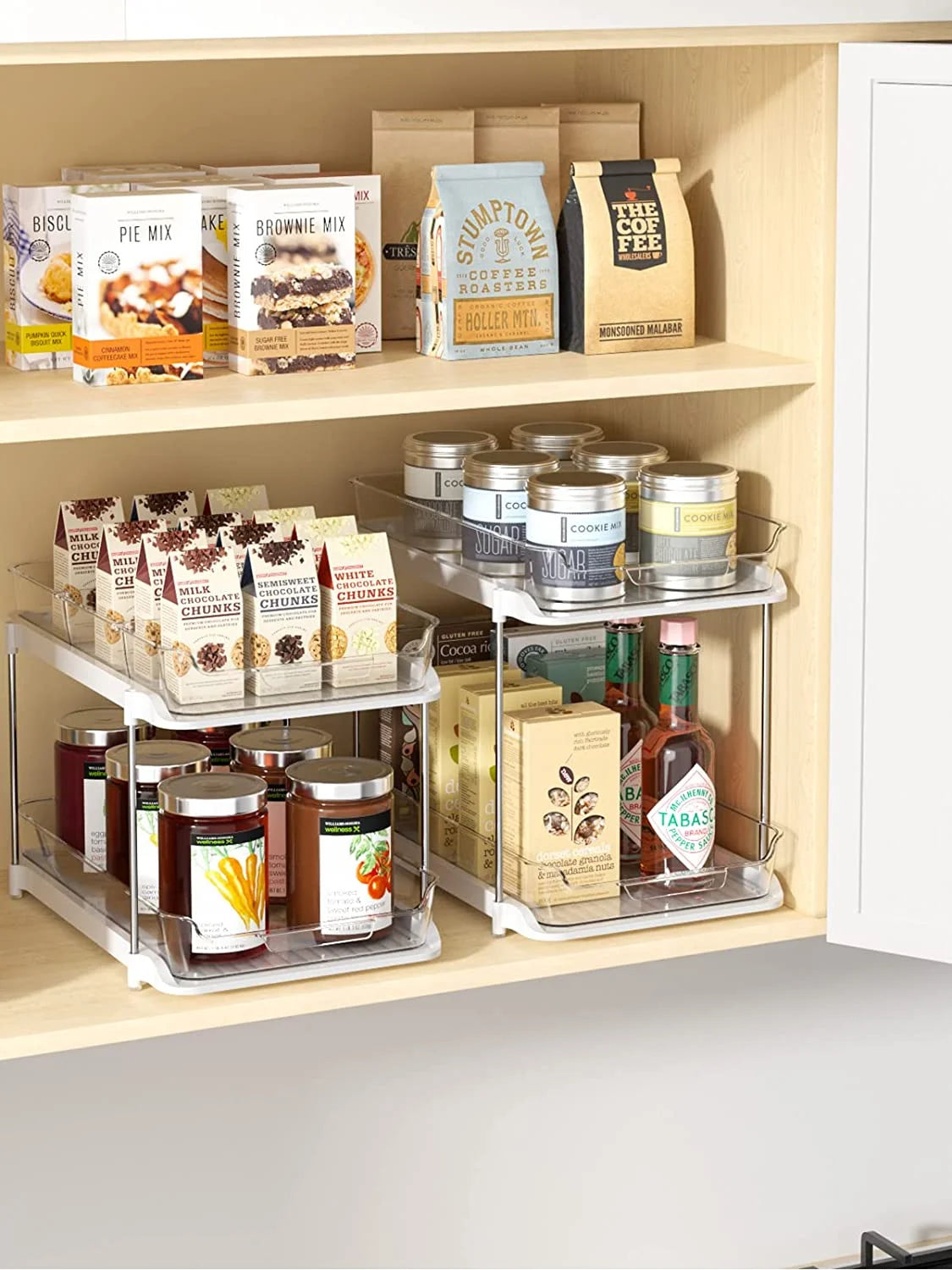 2-Pack Under Sink Organizer Set, 2-Tier Sliding Storage Solution for Bathroom and Kitchen Cabinets, Transparent Design