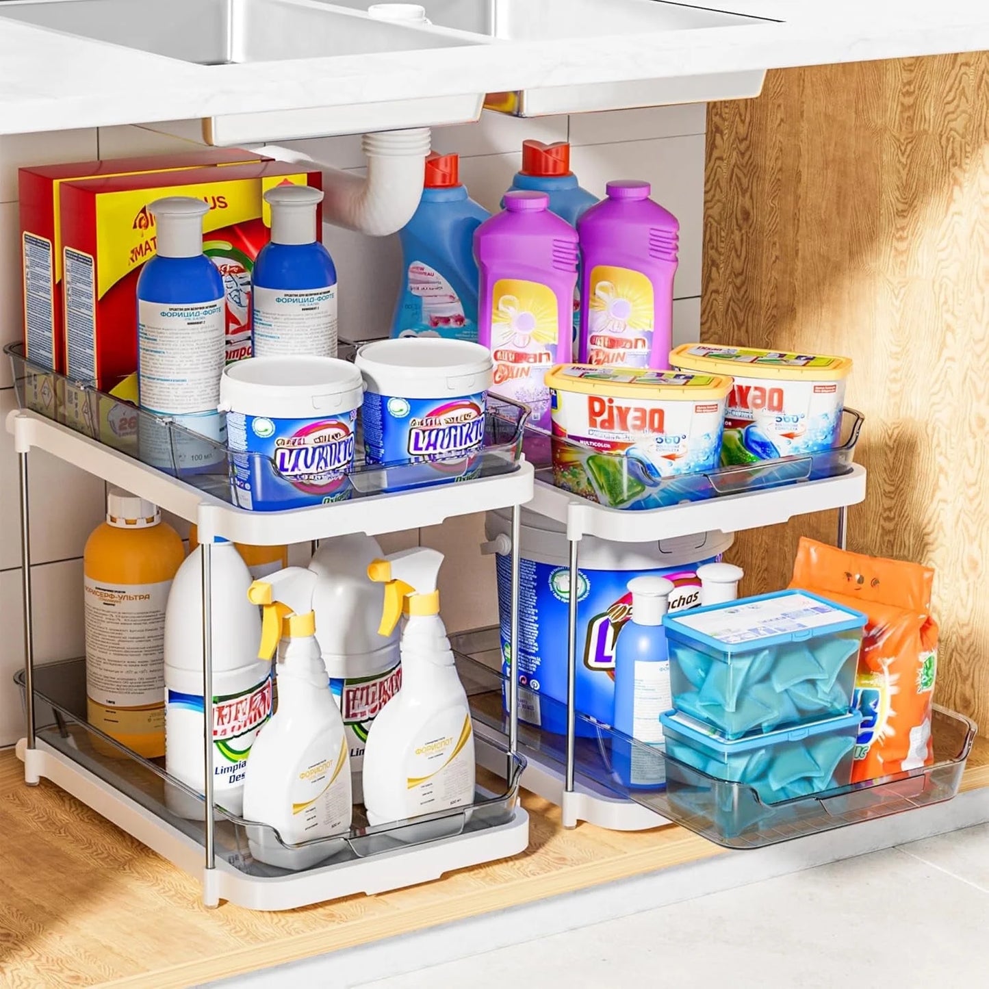 2-Pack Under Sink Organizer Set, 2-Tier Sliding Storage Solution for Bathroom and Kitchen Cabinets, Transparent Design