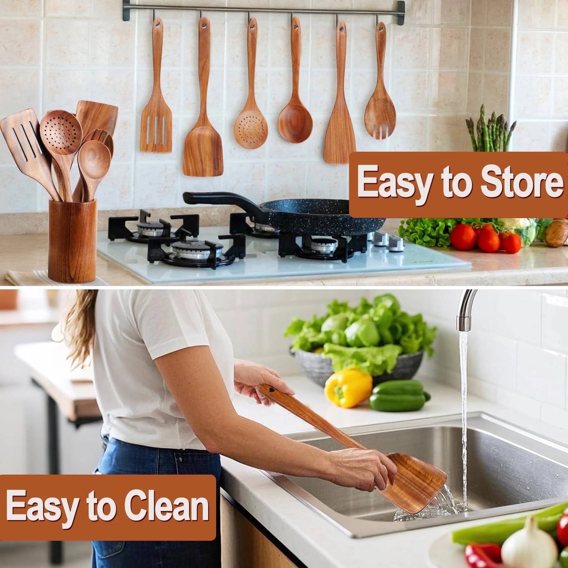 Natural Teak Wooden Cooking Utensil Set, 9-Piece Kitchen Collection with Holder and Spoon Rest, Ideal for Nonstick Pans and Cookware