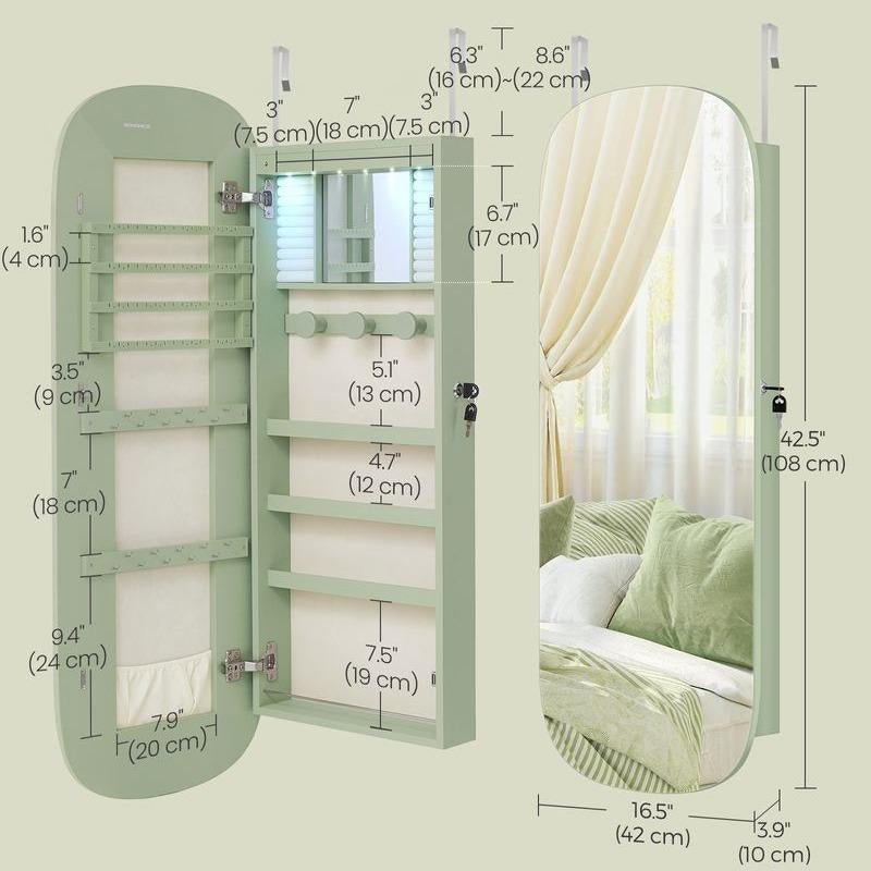 SONGMICS LED Jewelry Cabinet with Lockable Rounded Wide Mirror, Wall or Door Mounted Organizer with Interior Storage