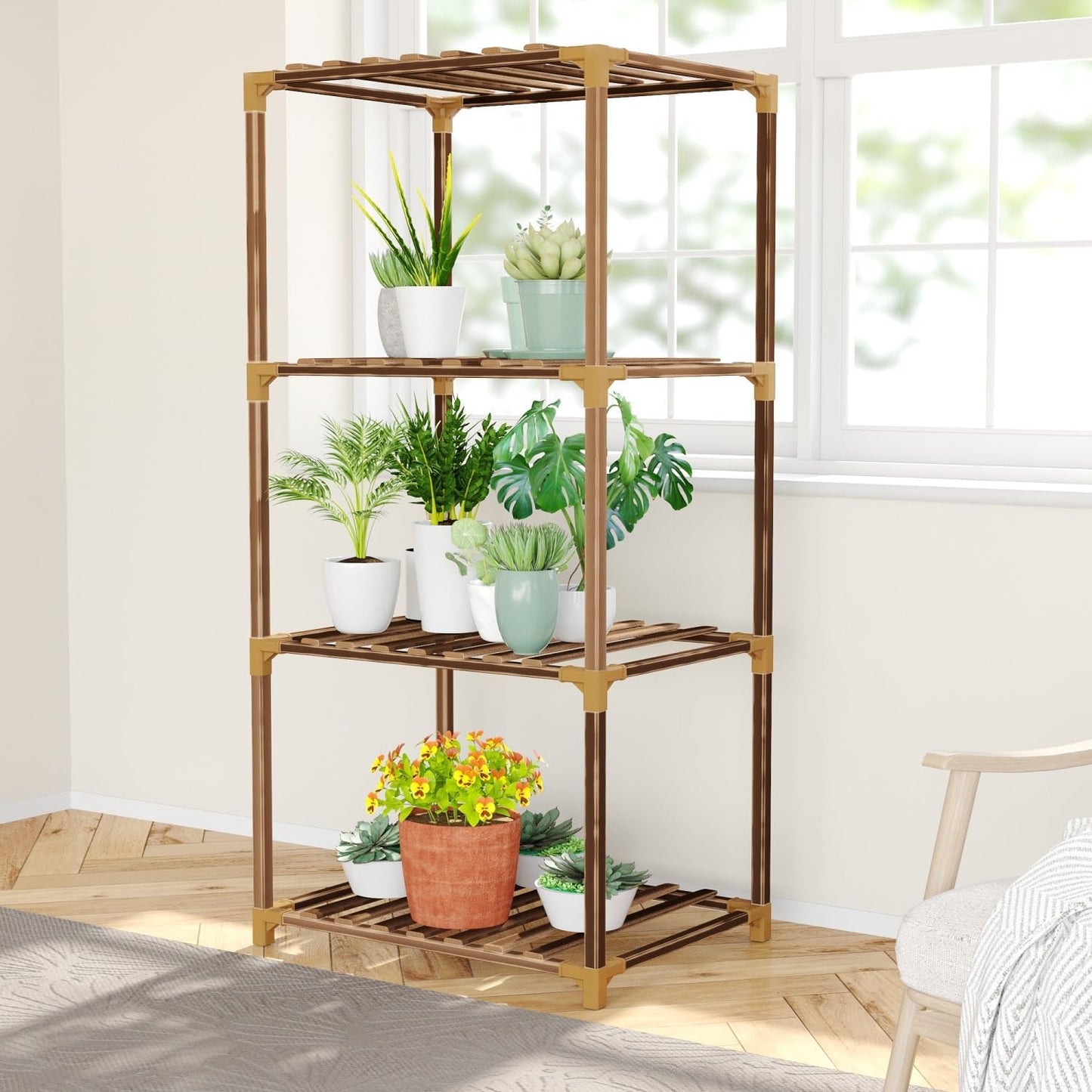 New England 4-Tier Wooden Plant Stand for Indoor/Outdoor Use, Perfect for Living Room, Patio, or Balcony - Supports Multiple Plants, Ideal Gift for Plant Lovers