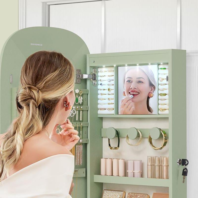 SONGMICS LED Jewelry Cabinet with Lockable Rounded Wide Mirror, Wall or Door Mounted Organizer with Interior Storage