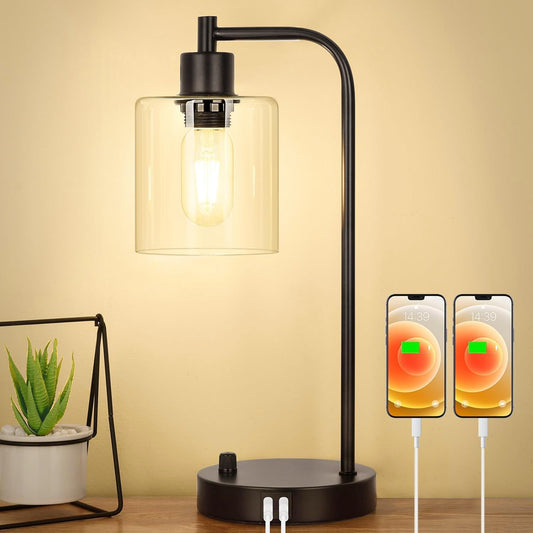 Industrial Table Lamp with Dual USB Charging Ports, Fully Dimmable Modern Nightstand Lamp with Glass Shade for Bedroom, Living Room, and Office, Includes 6W 2700K LED Edison Bulb