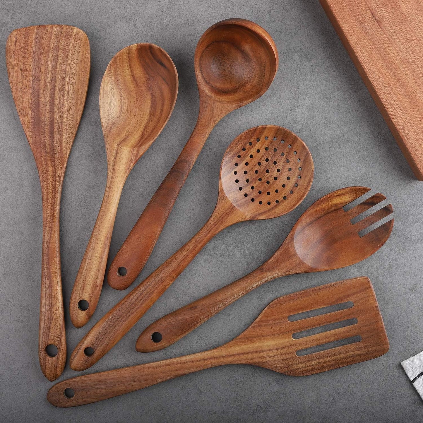 6-Piece Wooden Cooking Utensil Set for Non-Stick Cookware - Includes Spatula, Fork, Turner, Ladle, and Strainer Spoons