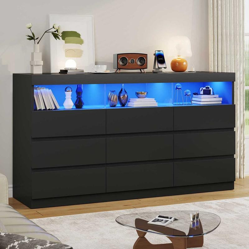 Sikaic Modern Dresser Chest with 9 Handle-Free Drawers and LED RGB Lighting for Bedroom Storage and Organization