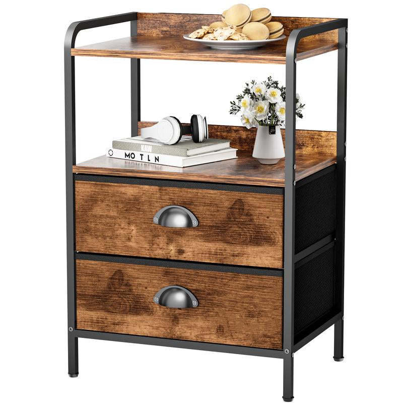 Rustic Brown and Black Nightstand with Open Shelf and Fabric Drawers for Bedroom and Living Room Storage