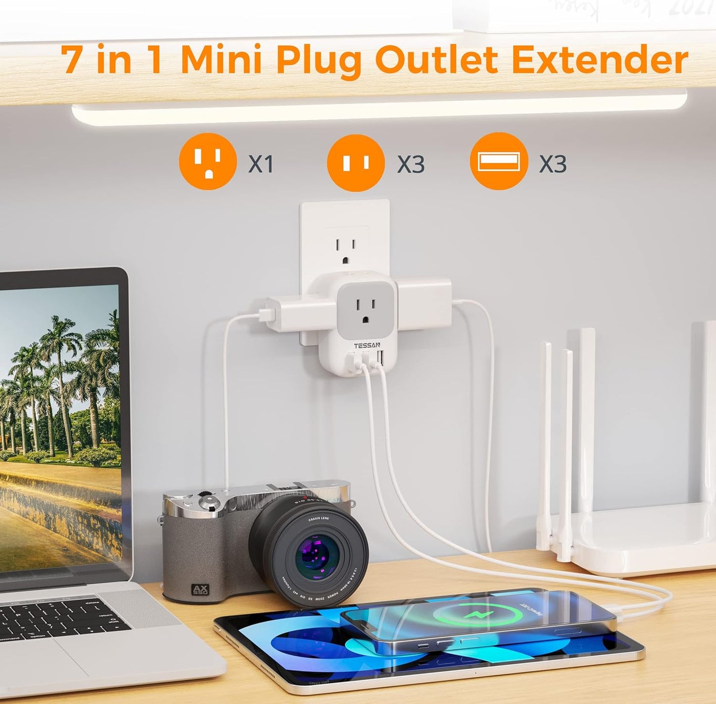 USB Charger Block - Wall Plug Adapter with 4-Outlet Splitter and 3 USB Charging Ports for Travel, Office, and Dorm Use