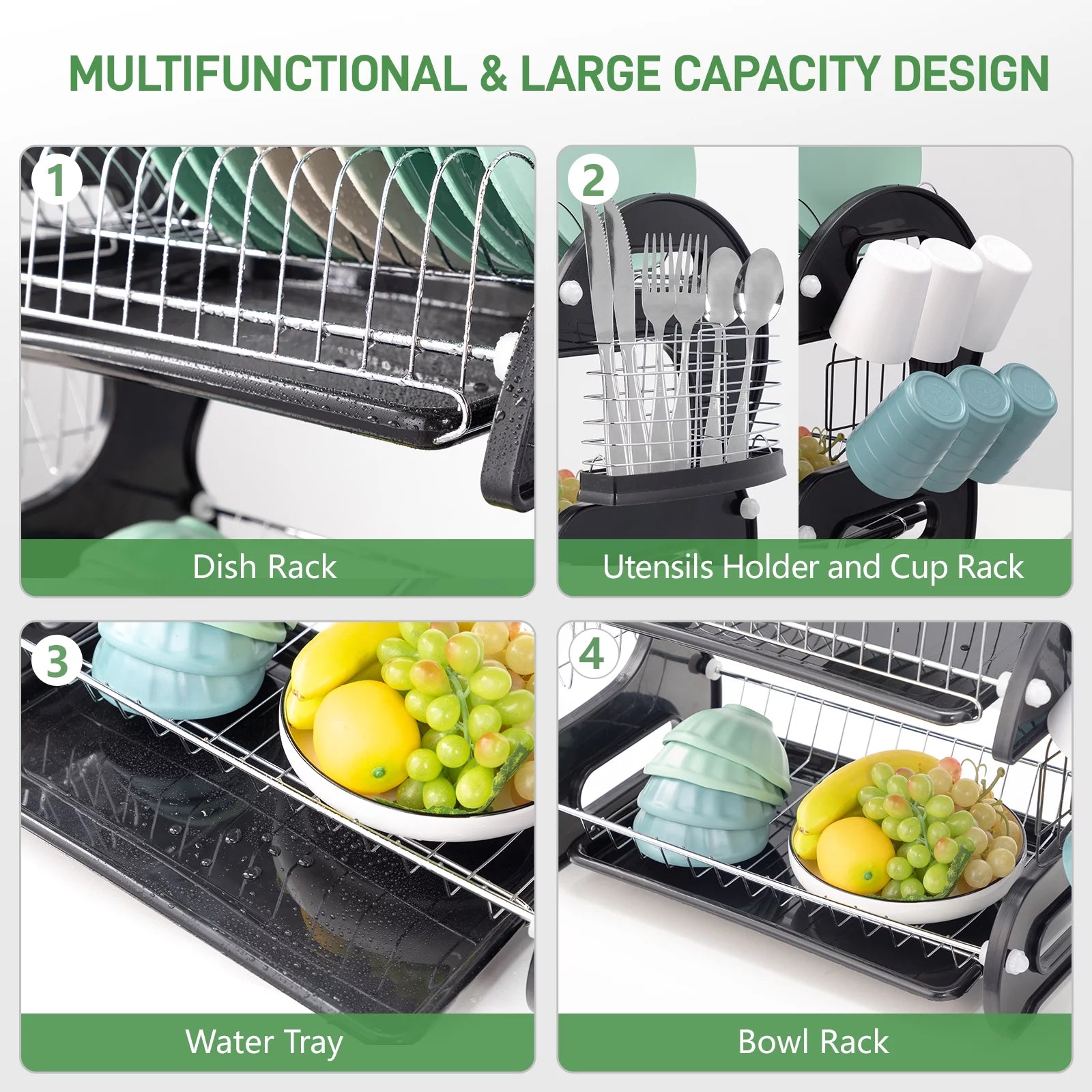 2-Tier Stainless Steel Dish Drainer Drying Rack with Large Capacity for Kitchen Storage - Dimensions: 22.83" L x 11" W x 14.57" H