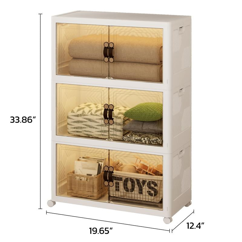 IRONCK XXXL Collapsible Storage Cabinet with Magnetic Transparent Doors and Wheels - Versatile Large Capacity Organizer for Bedroom, Kitchen, and Living Room, No Assembly Required Plastic Storage Solution (High Load-Bearing)