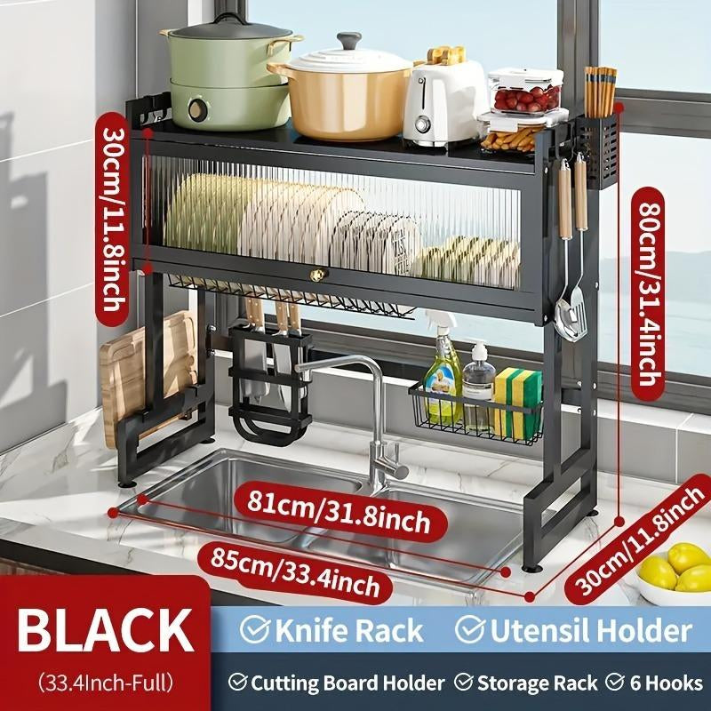 Over-Sink Dish Drying Rack - Versatile Utensil Holder with Knife Slot, Chopstick and Cutlery Drainer, Space-Saving Countertop Organizer for Hygienic Drying and Storage, Includes Protective Cover - Black